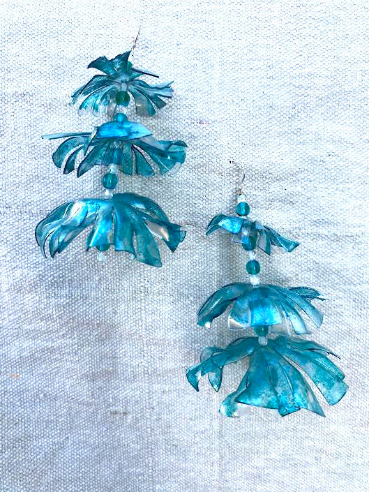 Peacock blue + silver floral aster statement earrings