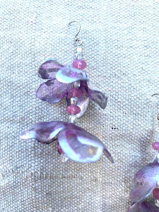 Small pink + silver floral larkspur statement earrings