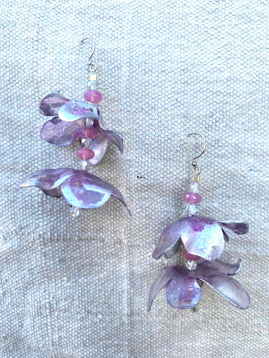 Small pink + silver floral larkspur statement earrings